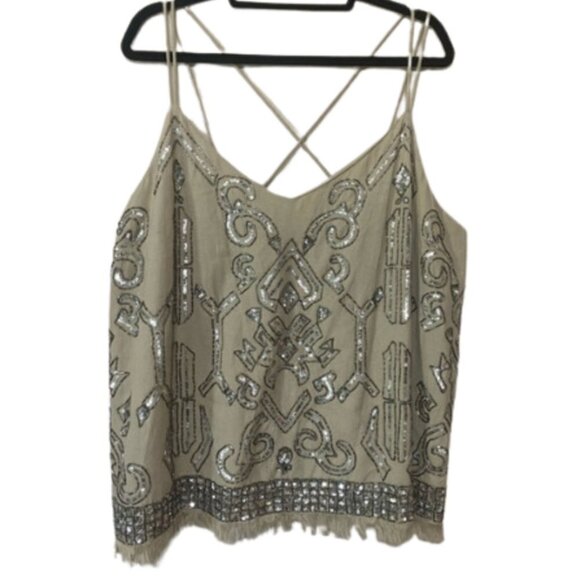 Venus women's XL heavily beaded fringe cotton linen double strap tank EUC - Picture 1 of 7